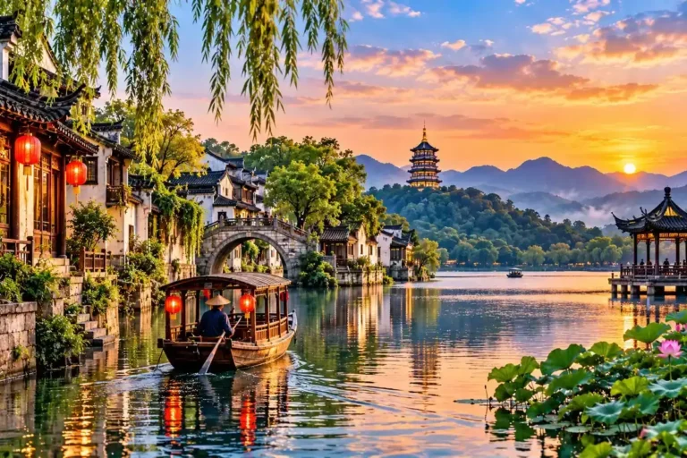 Suzhou και Hangzhou στην Κίνα με παραδοσιακά κανάλια, πέτρινη γέφυρα, λίμνη και κινεζική παγόδα