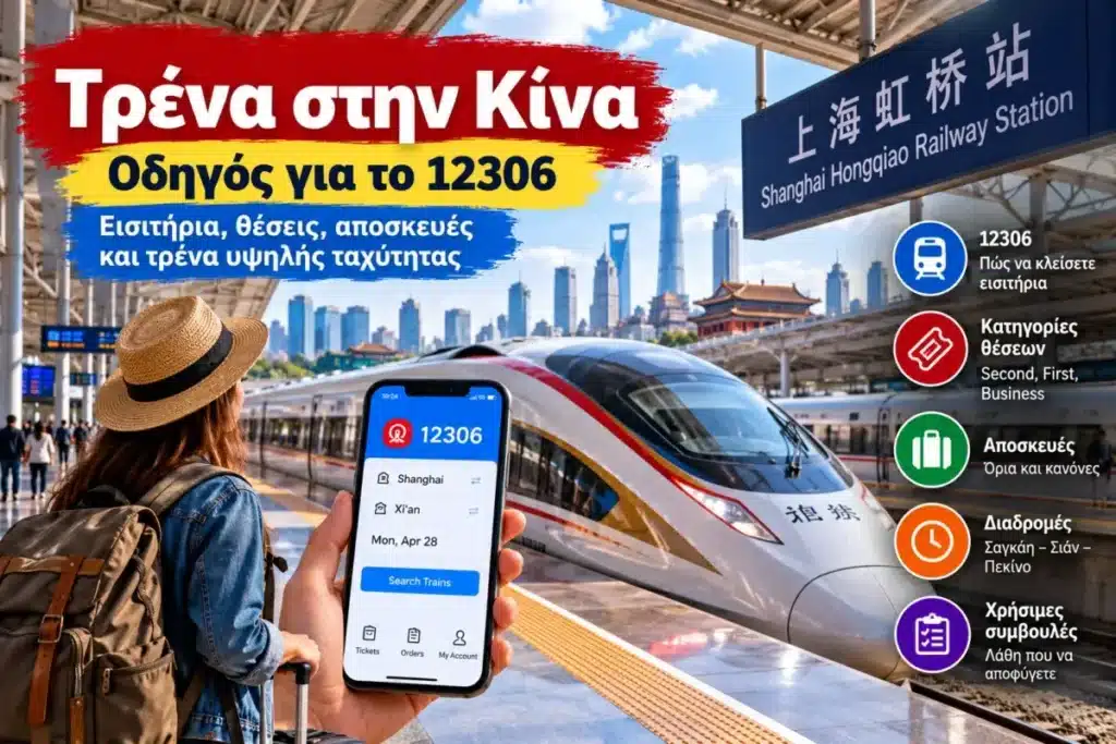 Ταξιδιώτης με καπέλο και κινητό με εφαρμογή 12306 στον σιδηροδρομικό σταθμό της Σαγκάης με τραίνο υψηλής ταχύτητας