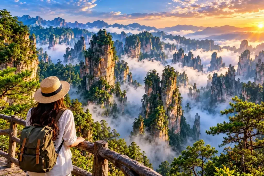 Zhangjiajie στην Κίνα με εντυπωσιακούς βραχώδεις πυλώνες, καταπράσινα δάση και ομίχλη στα βουνά του Avatar